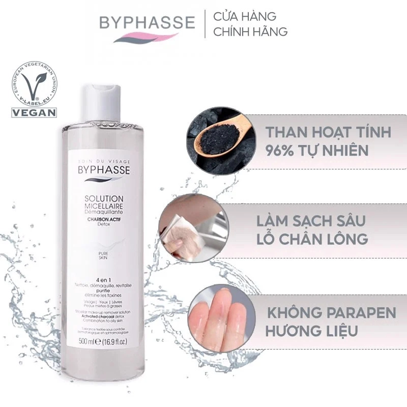 Nước Tẩy Trang Than Hoạt Tính Sáng Da Byphasse Micellar Make-Up Remover Solution With Activated Charcoal 500ml