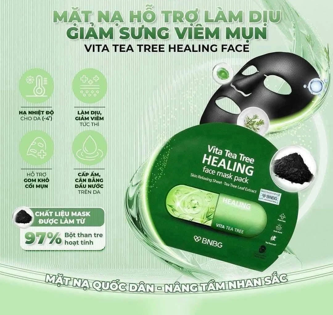 Mặt nạ BNBG Tea Tree Healing Face Mask Pack l&agrave; d&ograve;ng mặt nạ dưỡng da đến từ H&agrave;n Quốc, được thiết kế đặc biệt cho l&agrave;n da dầu mụn. Sản phẩm chứa chiết xuất tr&agrave;m tr&agrave; v&agrave; rau m&aacute; gi&uacute;p l&agrave;m dịu da, giảm sưng vi&ecirc;m v&agrave; hỗ trợ cải thiện t&igrave;nh trạng mụn. Đồng thời, mặt nạ c&ograve;n gi&uacute;p l&agrave;m sạch s&acirc;u, kiểm so&aacute;t dầu nhờn v&agrave; nu&ocirc;i dưỡng l&agrave;n da khỏe mạnh hơn.