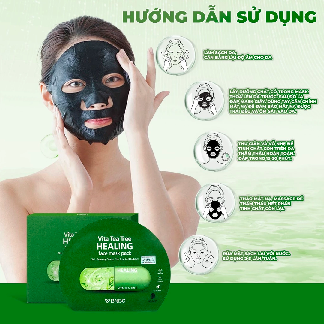 Mặt nạ BNBG Tea Tree Healing Face Mask Pack l&agrave; d&ograve;ng mặt nạ dưỡng da đến từ H&agrave;n Quốc, được thiết kế đặc biệt cho l&agrave;n da dầu mụn. Sản phẩm chứa chiết xuất tr&agrave;m tr&agrave; v&agrave; rau m&aacute; gi&uacute;p l&agrave;m dịu da, giảm sưng vi&ecirc;m v&agrave; hỗ trợ cải thiện t&igrave;nh trạng mụn. Đồng thời, mặt nạ c&ograve;n gi&uacute;p l&agrave;m sạch s&acirc;u, kiểm so&aacute;t dầu nhờn v&agrave; nu&ocirc;i dưỡng l&agrave;n da khỏe mạnh hơn.