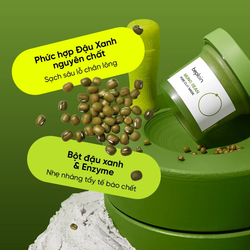 Beplain Mung Bean Pore Clay Mask 120ml l&agrave; mặt nạ đất s&eacute;t chiết xuất từ đậu xanh, gi&uacute;p l&agrave;m sạch s&acirc;u lỗ ch&acirc;n l&ocirc;ng, loại bỏ dầu thừa v&agrave; b&atilde; nhờn tr&ecirc;n da. Sản phẩm hỗ trợ cải thiện mụn đầu đen, mụn đầu trắng v&agrave; t&igrave;nh trạng lỗ ch&acirc;n l&ocirc;ng to, mang lại l&agrave;n da sạch tho&aacute;ng, mịn m&agrave;ng v&agrave; s&aacute;ng hơn. C&ocirc;ng thức kh&ocirc;ng hương liệu, ph&ugrave; hợp với nhiều loại da, kể cả da nhạy cảm.