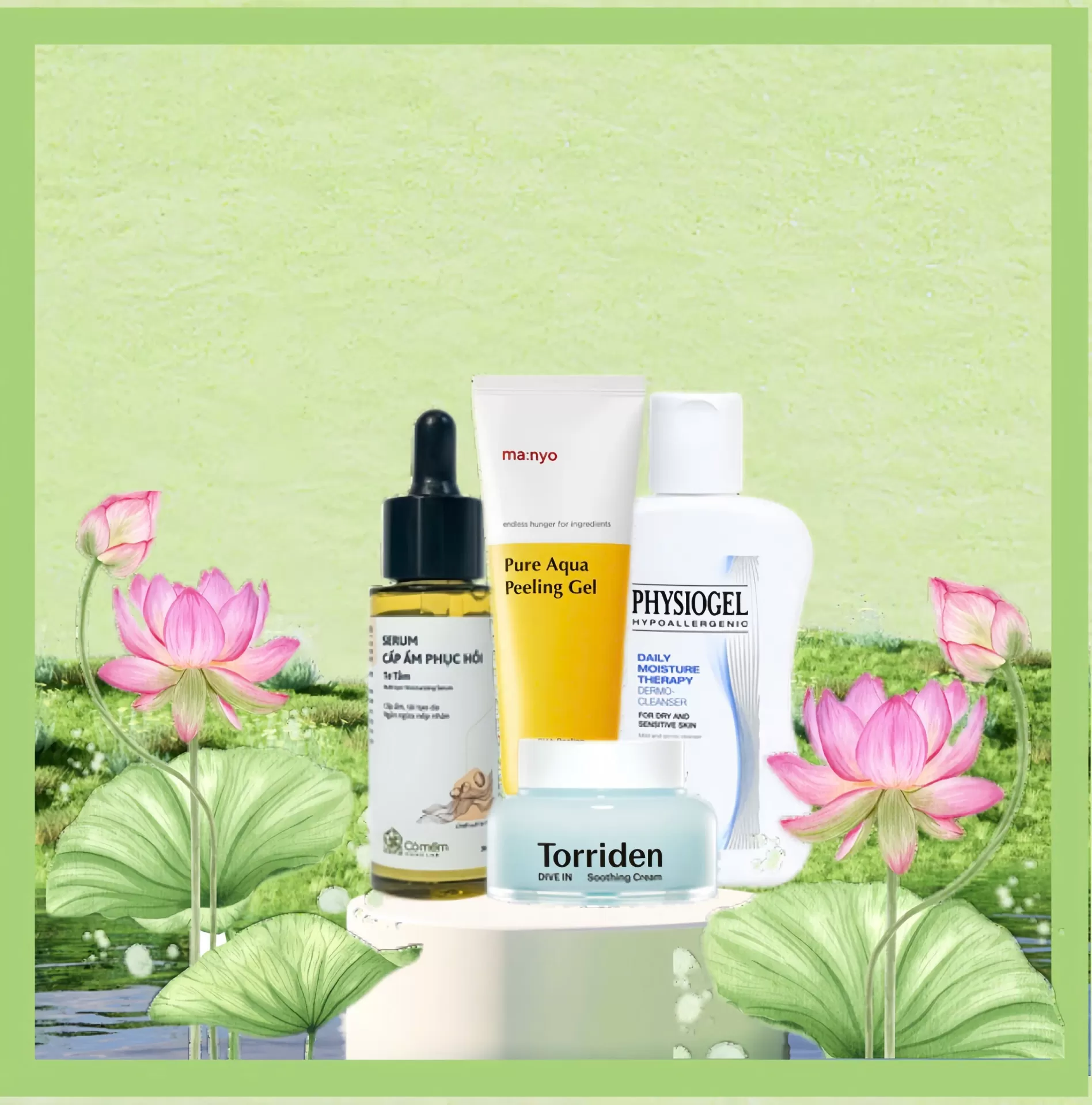 Sự kết hợp ho&agrave;n hảo giữa 4 bước chăm s&oacute;c chuy&ecirc;n s&acirc;u: Tẩy tế b&agrave;o chết vật l&yacute; dịu nhẹ, phục hồi h&agrave;ng r&agrave;o bảo vệ da, cấp ẩm đa tầng v&agrave; nu&ocirc;i dưỡng chuy&ecirc;n s&acirc;u. Bộ sản phẩm gồm Gel tẩy tế b&agrave;o chết Ma:nyo, Sữa dưỡng Physiogel, Serum cấp ẩm phục hồi Cỏ mềm v&agrave; Kem dưỡng Torriden gi&uacute;p đ&aacute;nh bay vẻ mệt mỏi, mang lại l&agrave;n da trắng s&aacute;ng, mịn m&agrave;ng như đ&oacute;a sen nở rộ trong nắng mai.