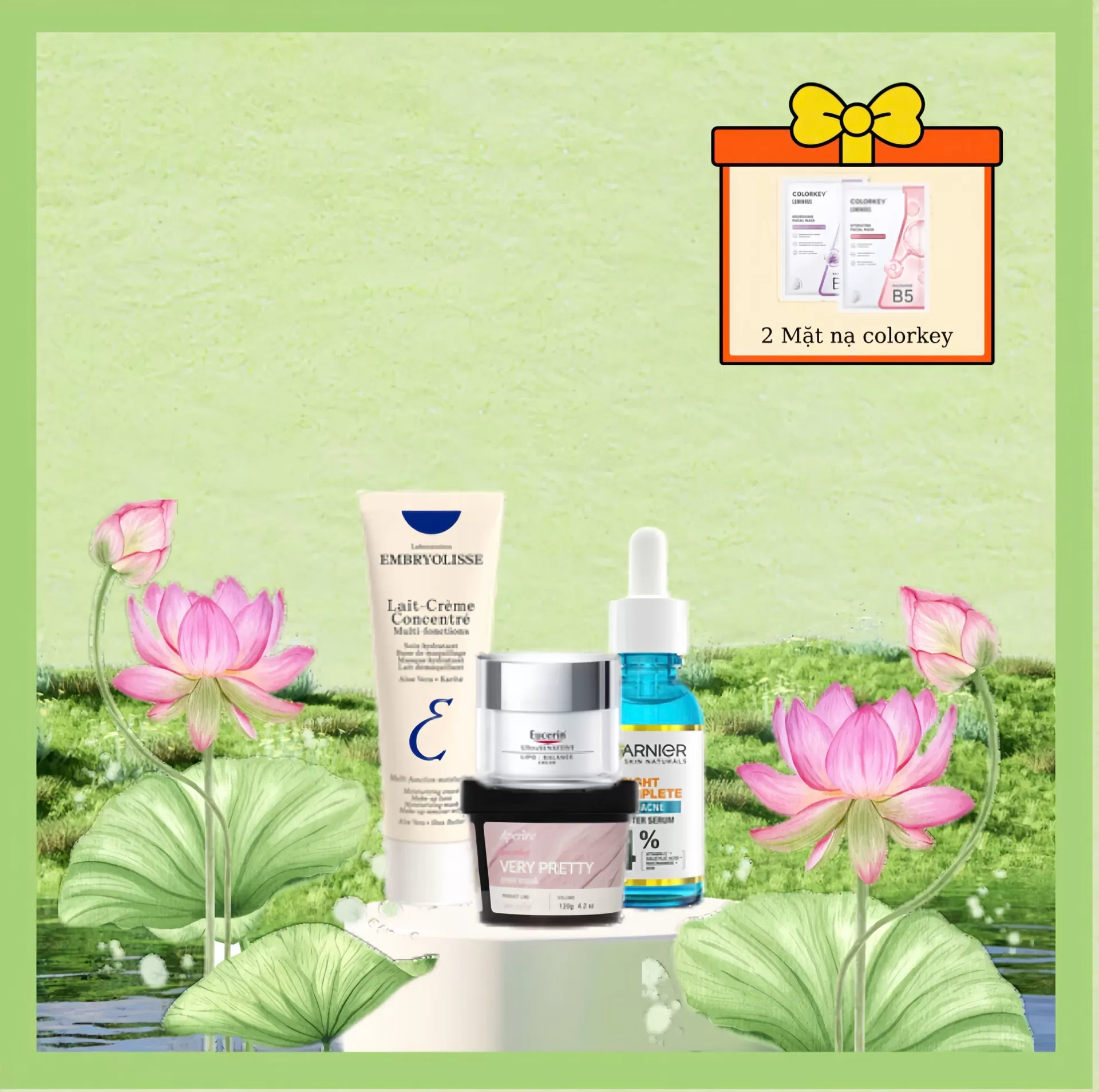 Sự kết hợp ho&agrave;n hảo của 4 bước chăm s&oacute;c chuy&ecirc;n s&acirc;u: Thanh lọc độc tố, phục hồi m&agrave;ng bảo vệ, mờ th&acirc;m dưỡng s&aacute;ng v&agrave; kh&oacute;a ẩm tối ưu. Bộ sản phẩm gồm Mặt nạ b&ugrave;n Aperire, Serum Garnier, Kem dưỡng Embryolisse v&agrave; Kem dưỡng Eucerin gi&uacute;p l&agrave;n da tự do tỏa s&aacute;ng, kh&ocirc;ng ngại nắng gắt hay bụi bẩn m&ugrave;a lễ hội.