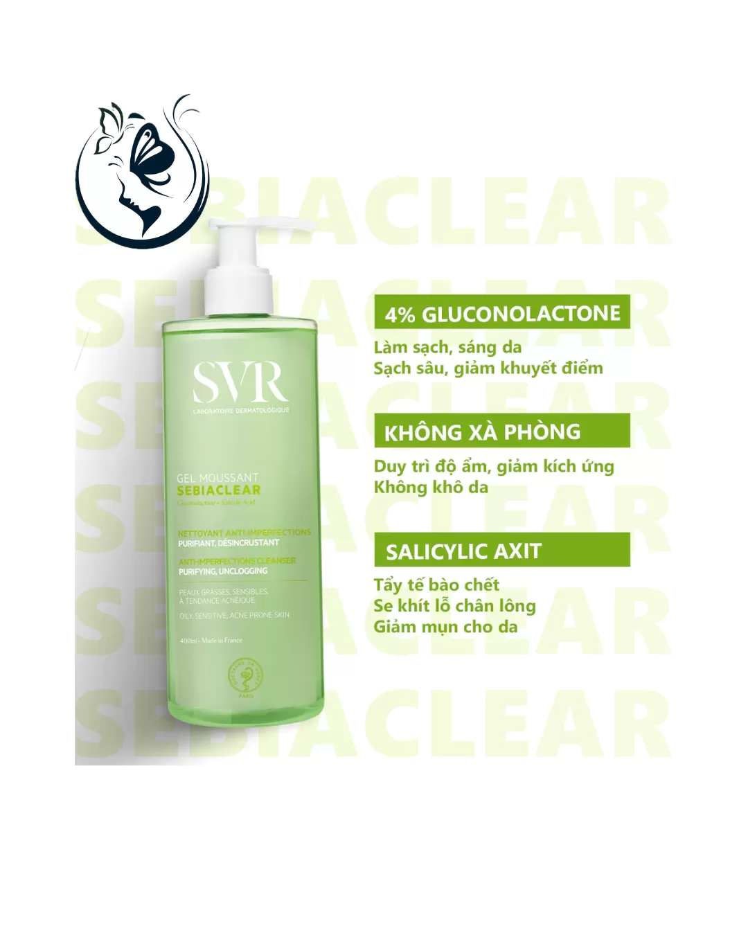 Gel rửa mặt SVR Sebiaclear Gel Moussant 400ML cho da dầu mụn, không chứa xà phòng